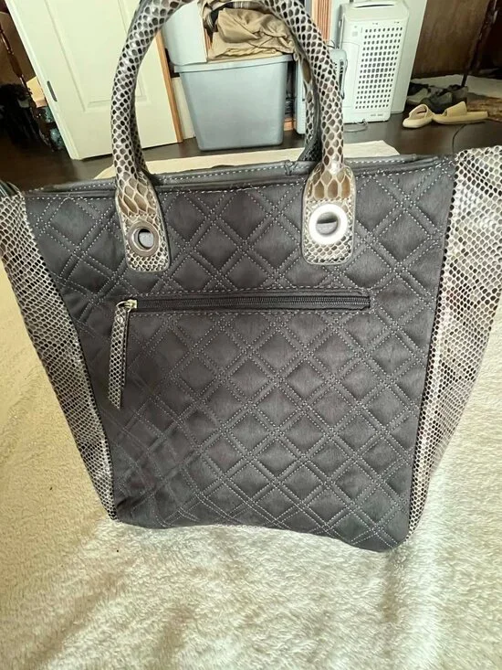 Chico's Gray Quilted Tote Bag Faux Snakeskin Trim and silver Tone - Picture 3 of 7